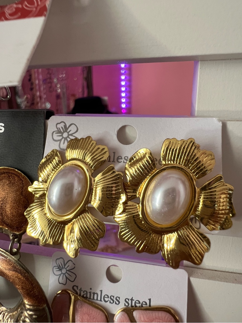 Stanley Gold Flower Pearl-Style Clip Earrings
